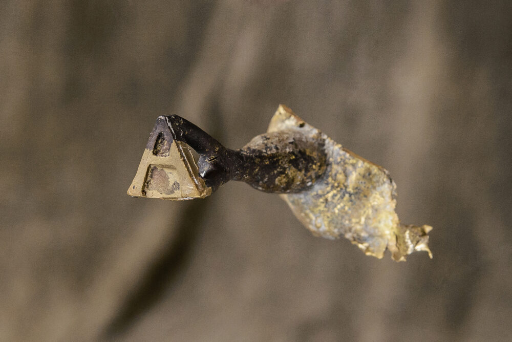 a close-up of a small, aged object, possibly metal, with intricate details and some remnants of what looks like corrosion or decay.