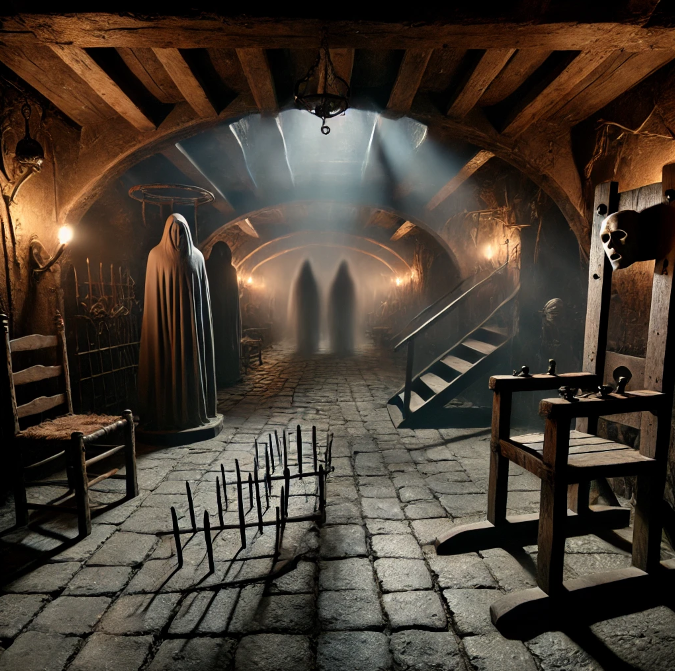 a dimly lit medieval dungeon with a cobblestone floor and vaulted wooden ceilings