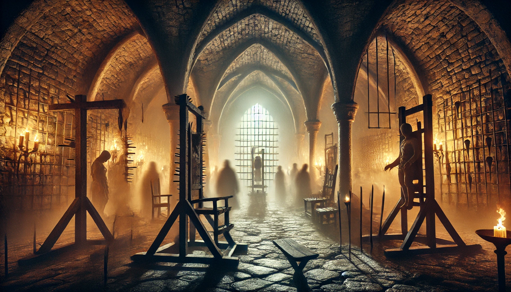 a dramatic medieval dungeon scene with arched stone ceilings and dim lighting