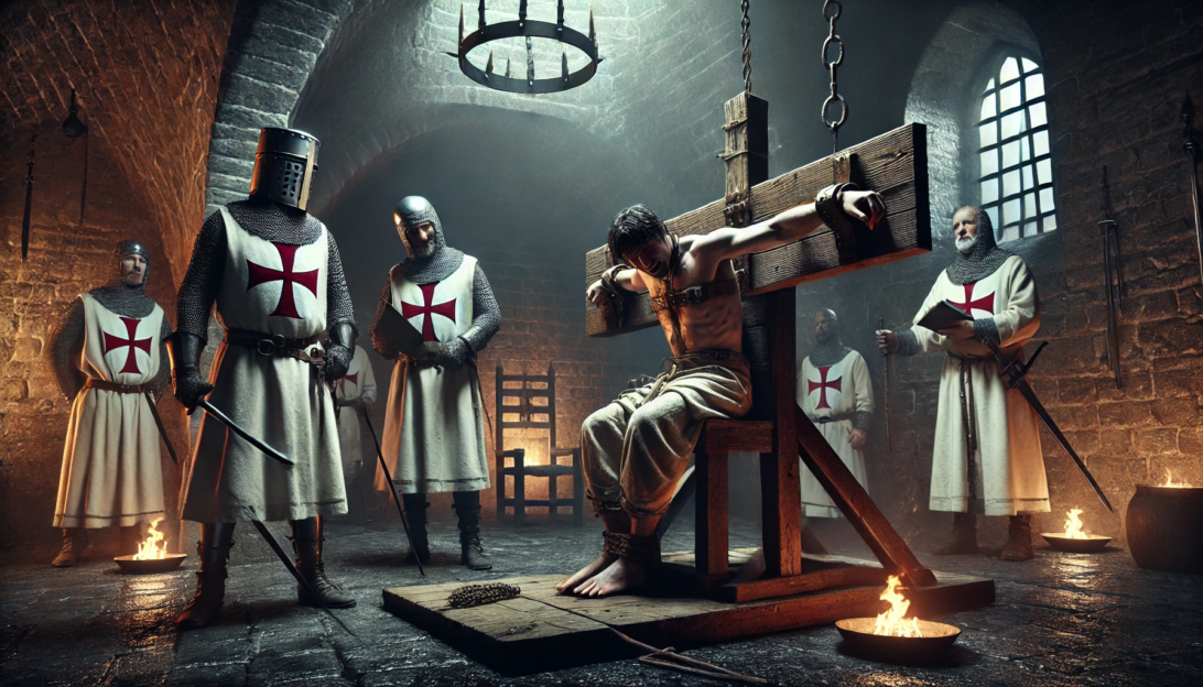 a dark medieval dungeon where a prisoner is tied to a wooden structure, his body strained in pain