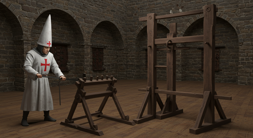 medieval dungeon where a prisoner is tied to a wooden structure, his body strained in pain