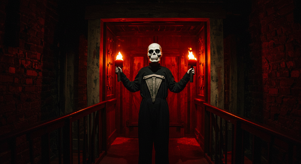 a figure dressed in black with a skeletal mask, holding two flaming torches in a dimly lit, eerie setting