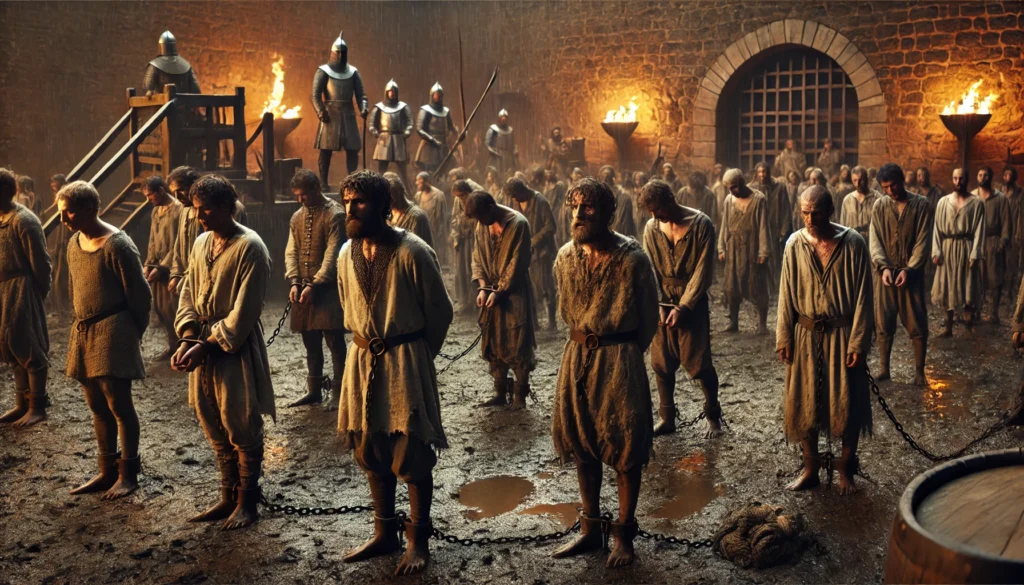 a grim medieval prison scene with chained prisoners in ragged clothing standing in a muddy courtyard