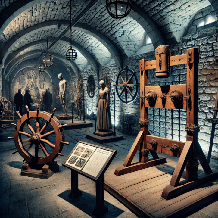 a medieval torture museum exhibit with various historical torture devices displayed in a dimly lit, stone-arched chamber