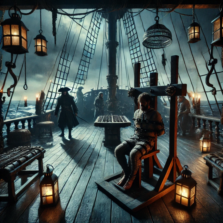 a dramatic and eerie scene on the deck of a pirate ship at night