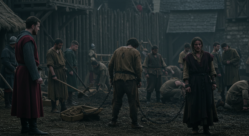 a dark and gritty medieval scene, where chained prisoners in tattered clothing are being forced to work under harsh conditions