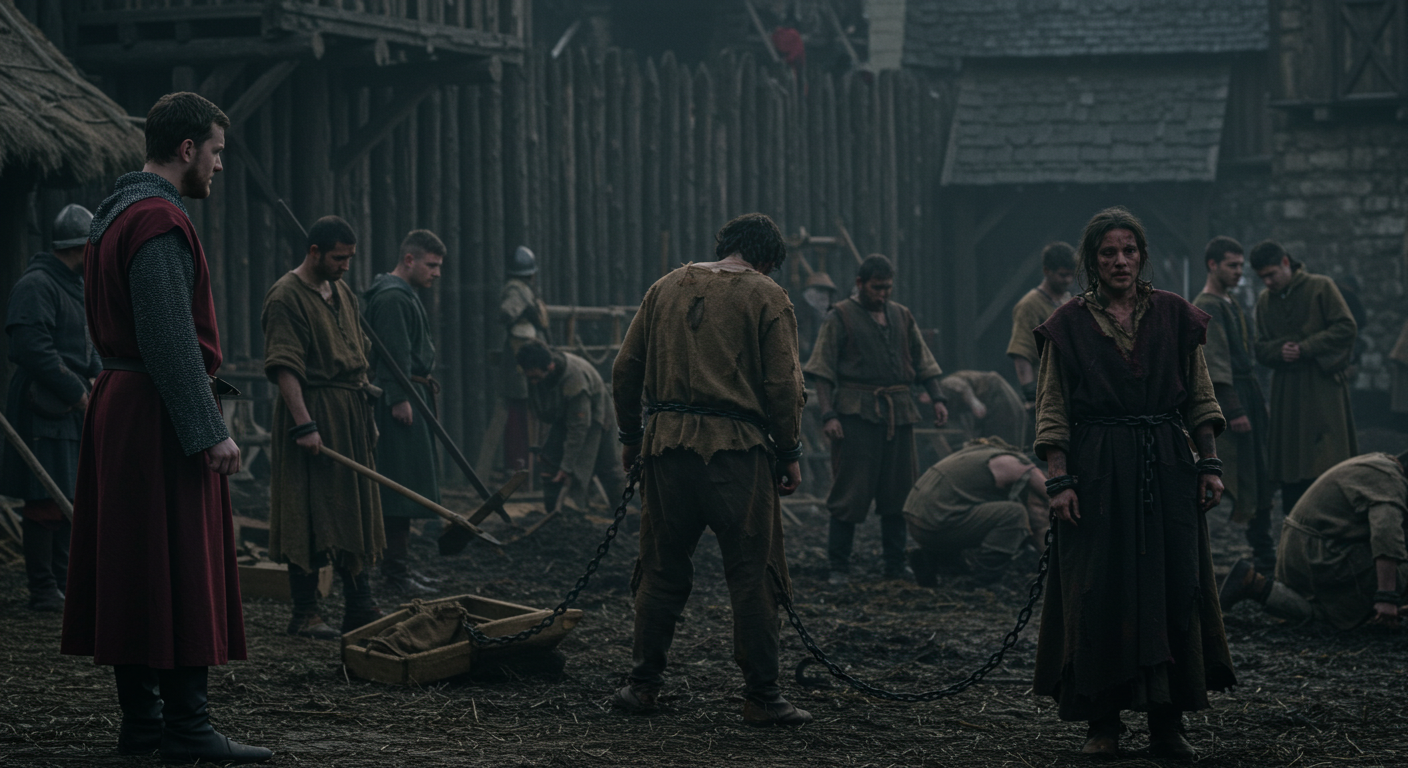 a dark and gritty medieval scene, where chained prisoners in tattered clothing are being forced to work under harsh conditions