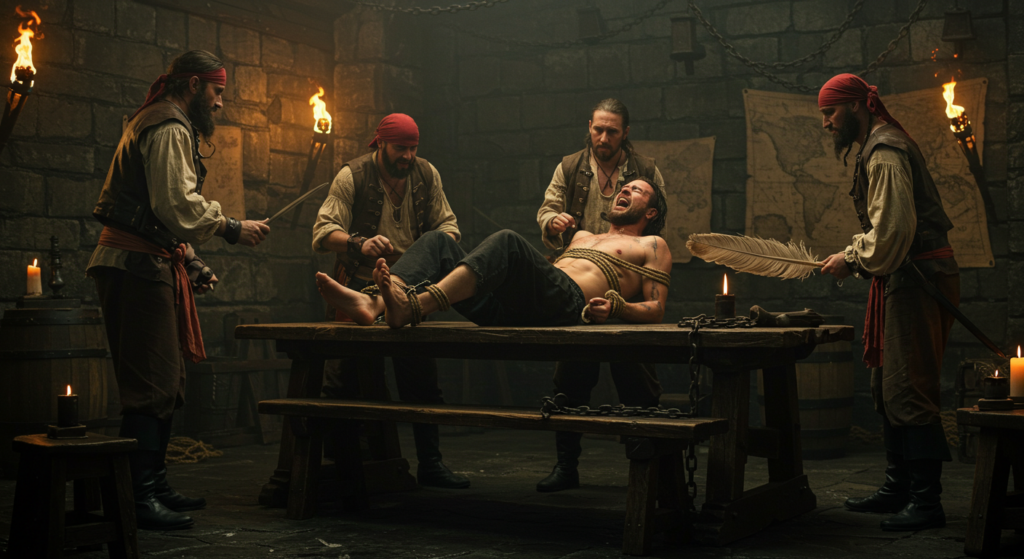 a dramatic pirate interrogation scene in a dimly lit dungeon