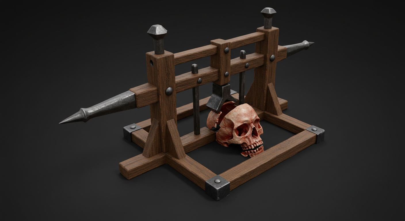 a medieval torture device, likely a skull crusher or a head press, designed to inflict extreme pain and fatal injuries