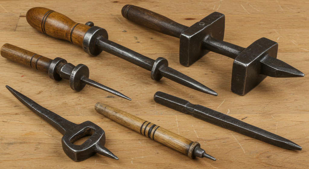 a collection of antique metalworking or woodworking tools with wooden handles and pointed metal tips