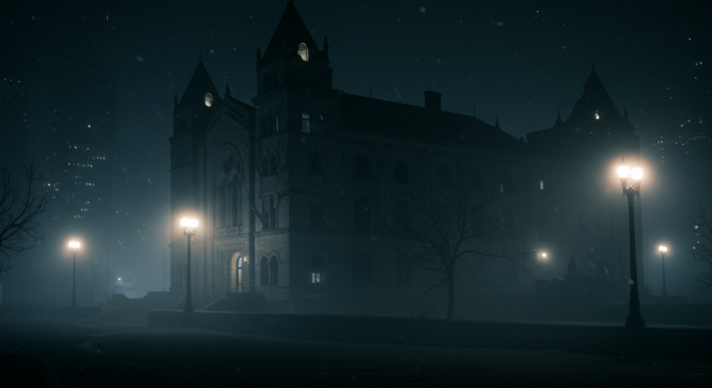 a large, gothic-style building at night, surrounded by fog