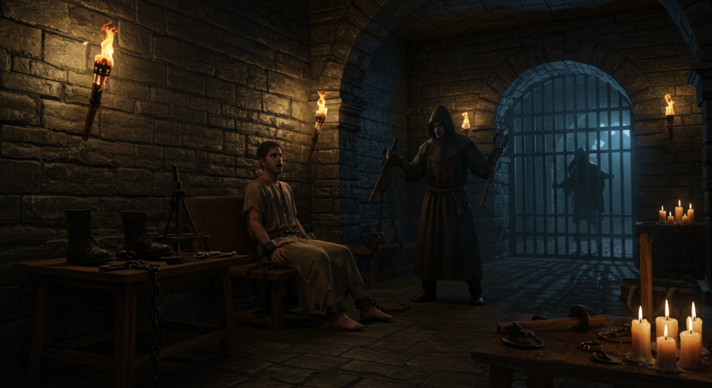 the eerie and oppressive atmosphere of nocturnal interrogations in a medieval dungeon