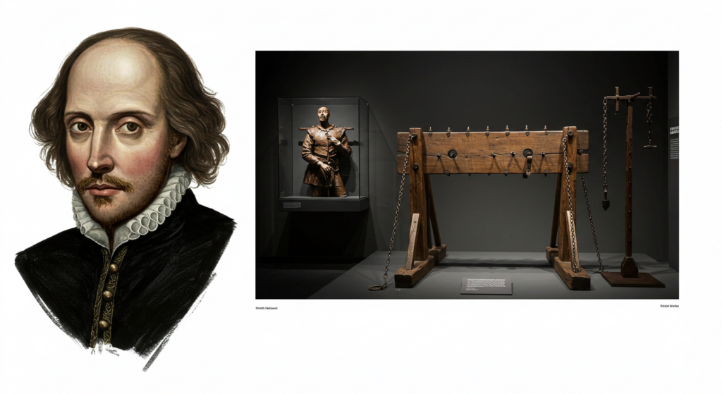 a portrait of William Shakespeare on the left and a medieval torture exhibit on the right