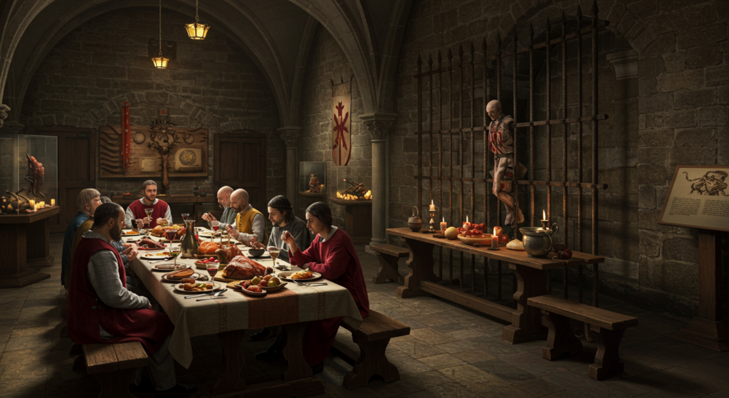 a medieval banquet in a dimly lit stone chamber with arched ceilings