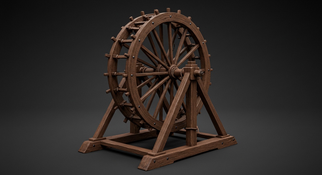 a medieval wooden torture device, commonly known as the Breaking Wheel or Catherine Wheel