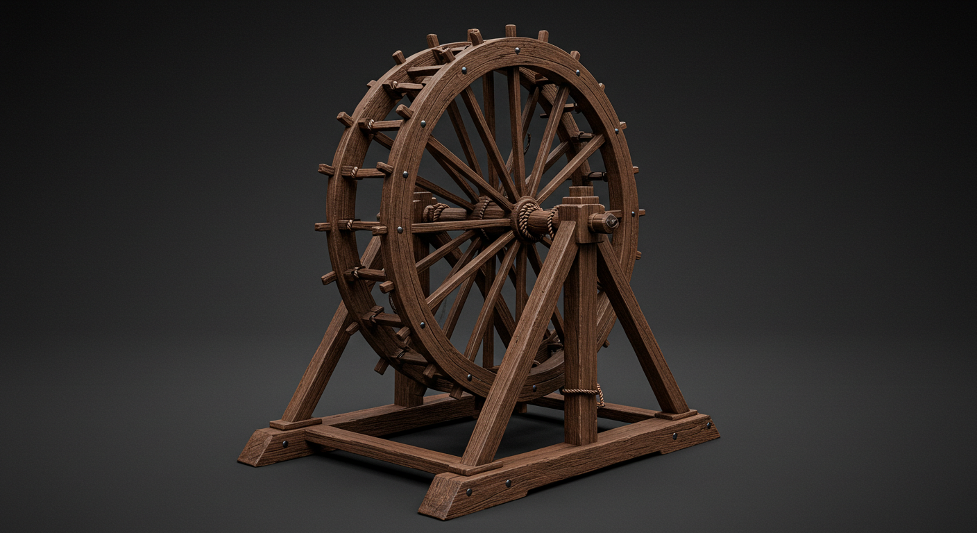 a medieval wooden torture device, commonly known as the Breaking Wheel or Catherine Wheel