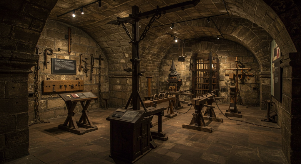 a dimly lit medieval torture chamber with stone walls and arched ceilings