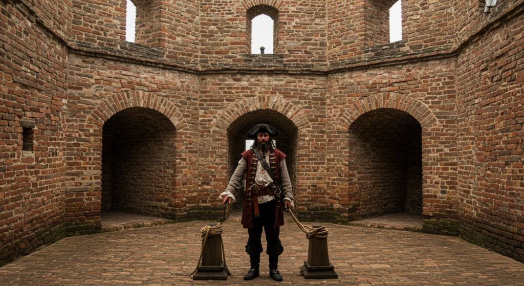 A pirate-like figure stands in the center of an old brick fortress