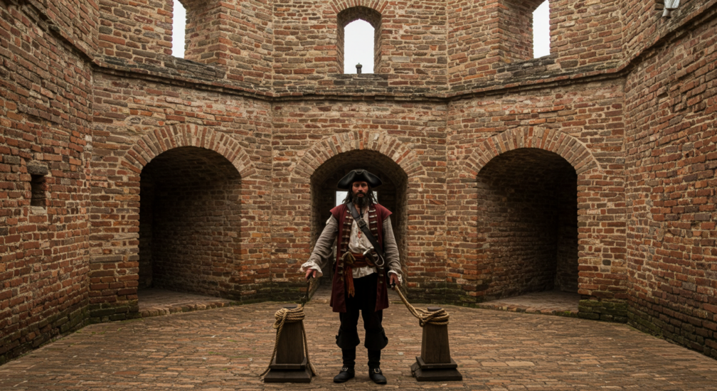 A pirate-like figure stands in the center of an old brick fortress