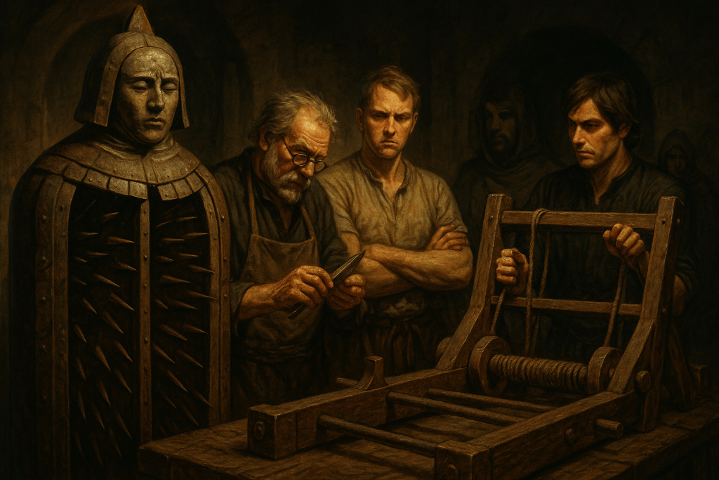 A group of medieval men examine a torture device in a dimly lit chamber, with an Iron Maiden standing ominously nearby. The scene suggests preparation or inspection.