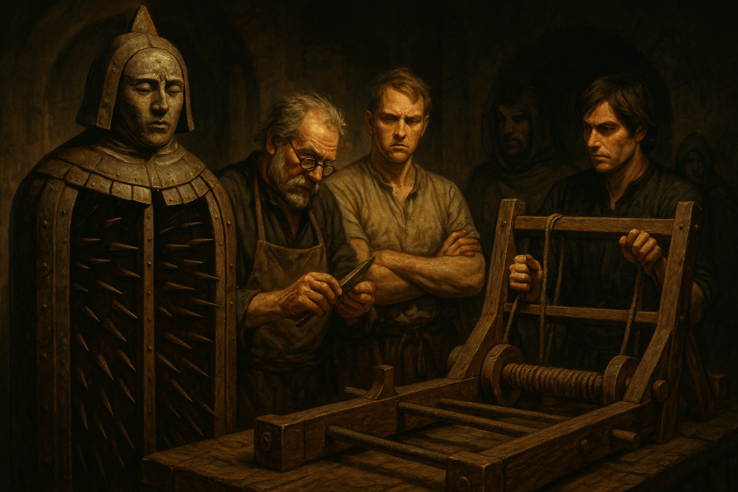 A group of medieval men examine a torture device in a dimly lit chamber, with an Iron Maiden standing ominously nearby. The scene suggests preparation or inspection.