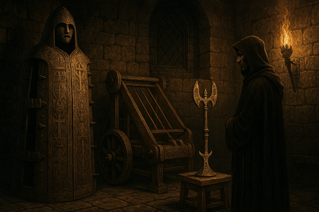 A dark medieval torture chamber lit by torchlight, featuring an iron maiden, a torture rack, and a hooded figure standing beside a spiked torture device.