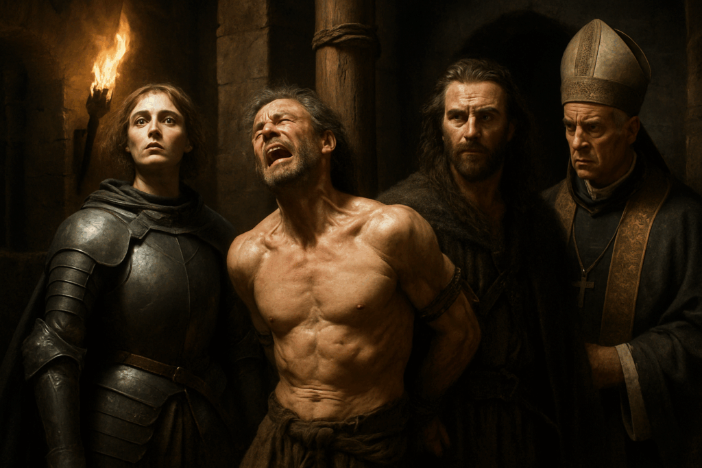 A tortured man screams in a medieval dungeon, surrounded by a knight, priest, and noble watching in silence.