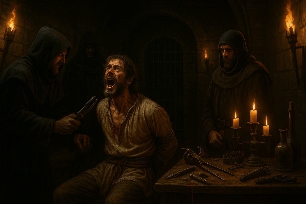 A screaming prisoner is tortured by hooded men in a dark, candlelit medieval chamber.