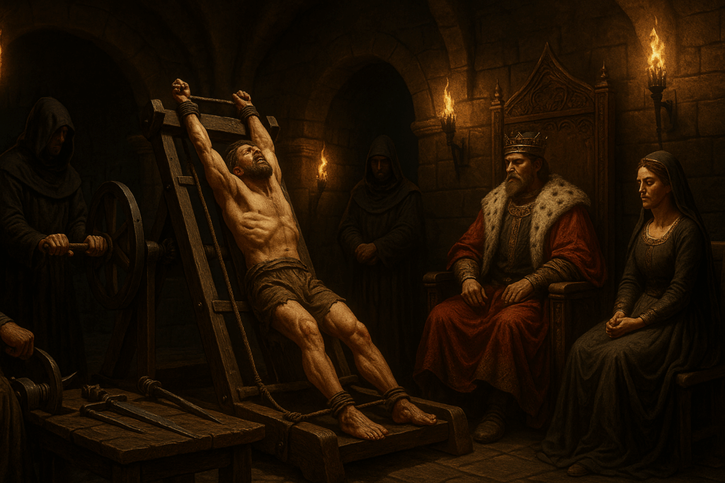 a medieval torture scene inside a dimly lit stone chamber
