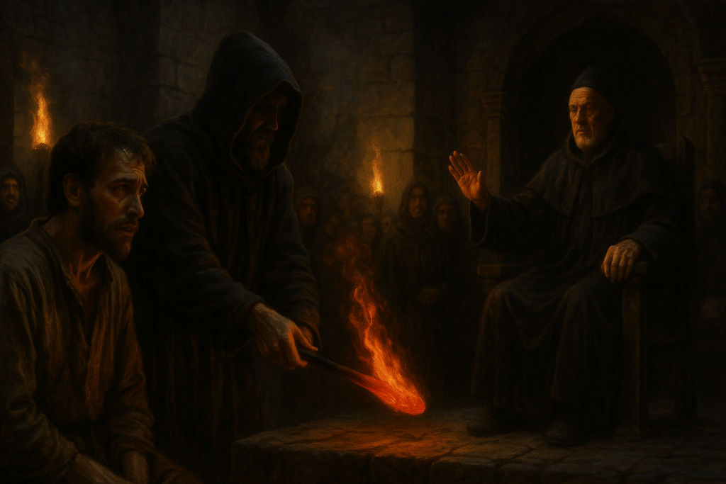 a grim medieval trial or inquisition scene