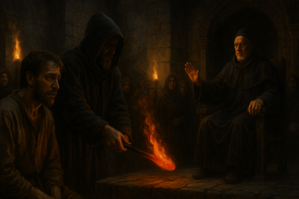 a grim medieval trial or inquisition scene