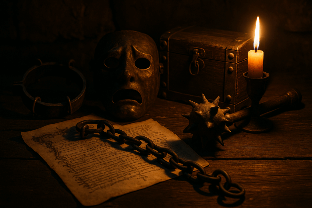 A dimly lit medieval scene featuring a torture mask, iron chain, spiked mace, ancient manuscript, and a candle next to a wooden chest.
