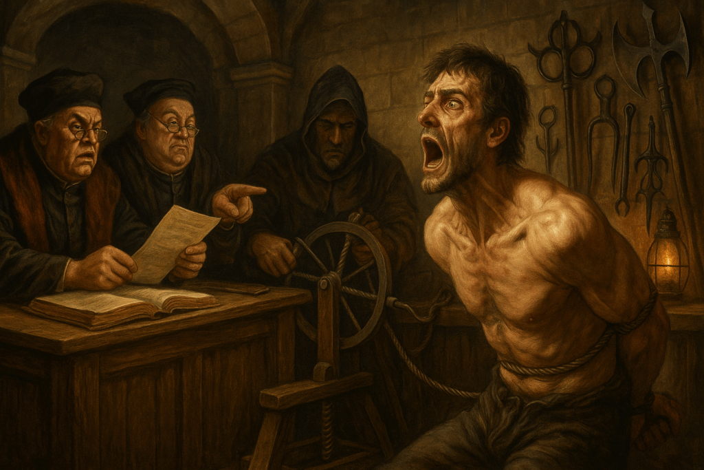 A shackled man stands before three stern, richly robed judges in a dim, torch-lit medieval courtroom; coins on the bench hint at their corruption