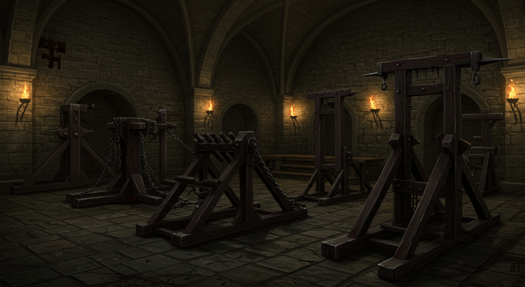 A dimly lit medieval torture chamber with various wooden torture devices and chains.