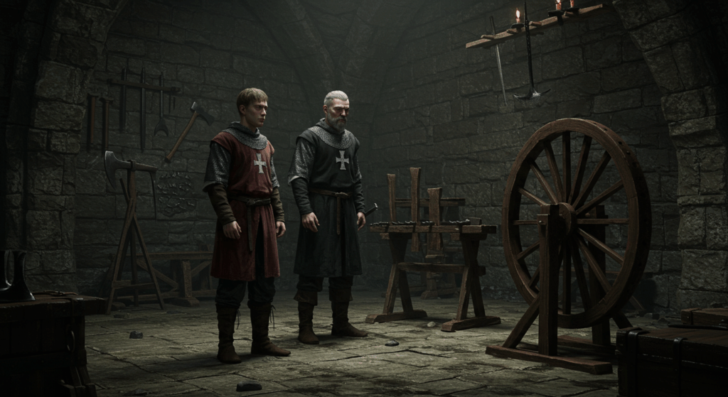Two medieval inquisitors stand in a stone dungeon surrounded by torture devices, including a large breaking wheel.
