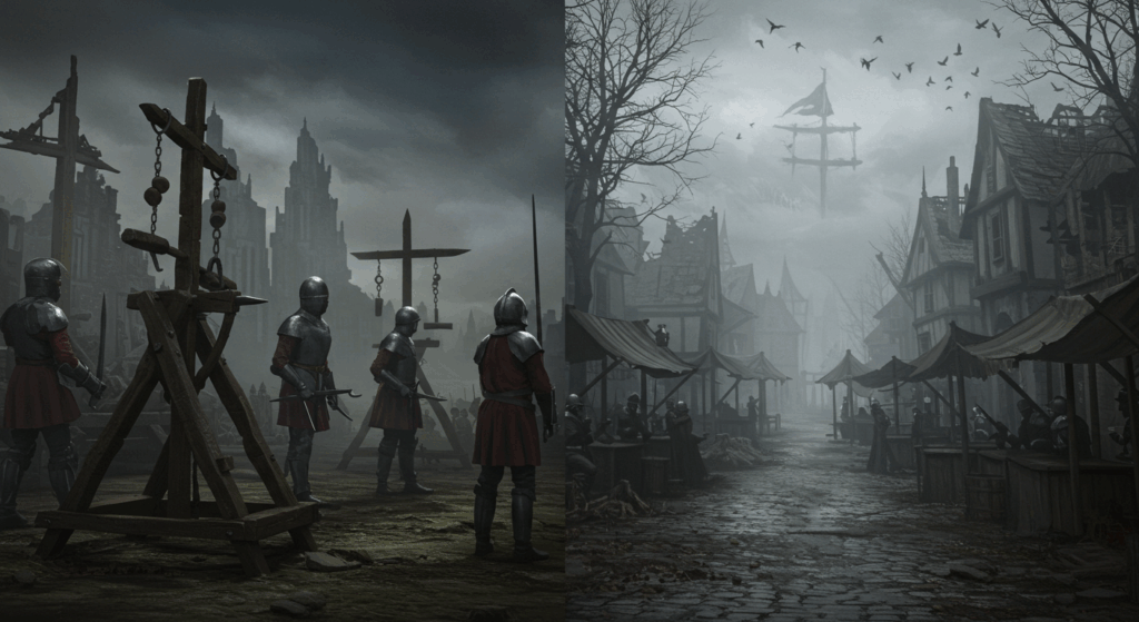 A dark medieval scene with knights near torture devices and a foggy, deserted village market.
