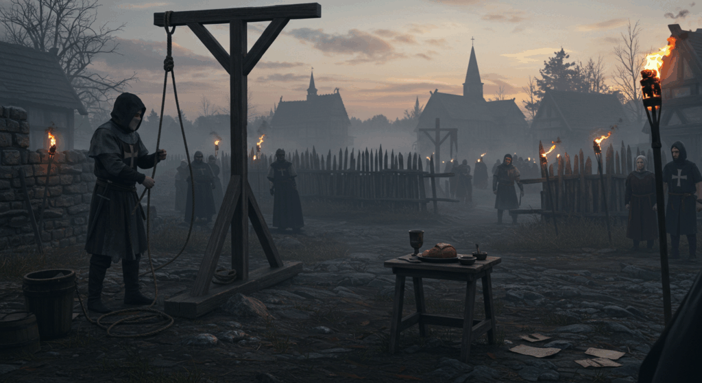 A medieval execution scene at dusk, featuring a gallows prepared by a hooded executioner, with townspeople and torches in the background near a wooden village.