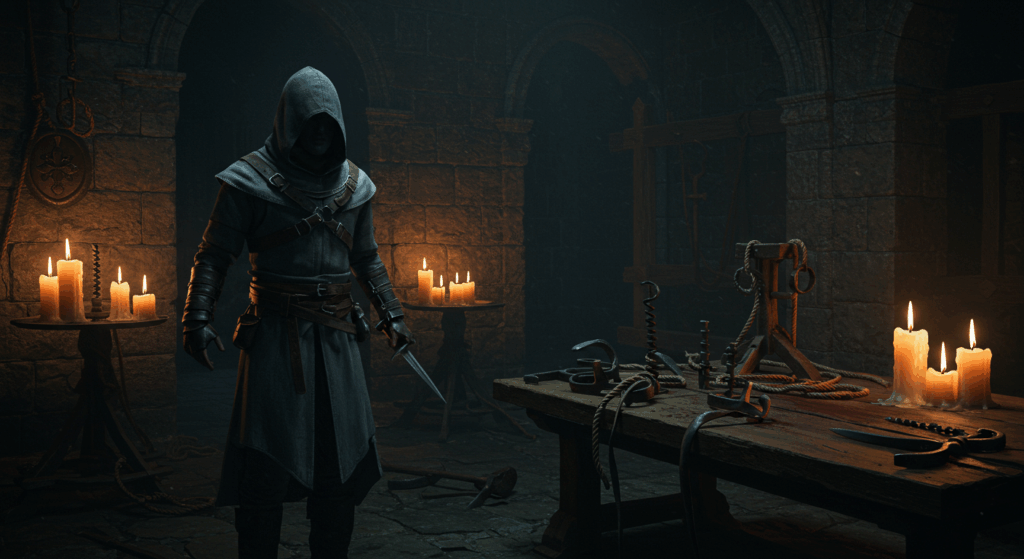 A hooded medieval assassin stands in a candlelit torture chamber, surrounded by sinister tools and stone walls, ready to extract dark secrets.