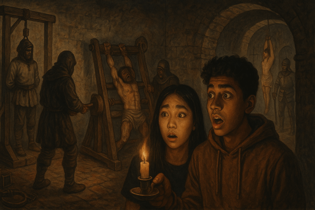 two frightened young people holding a candle as they explore a dark medieval dungeon filled with torture devices