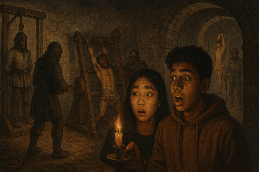 two frightened young people holding a candle as they explore a dark medieval dungeon filled with torture devices