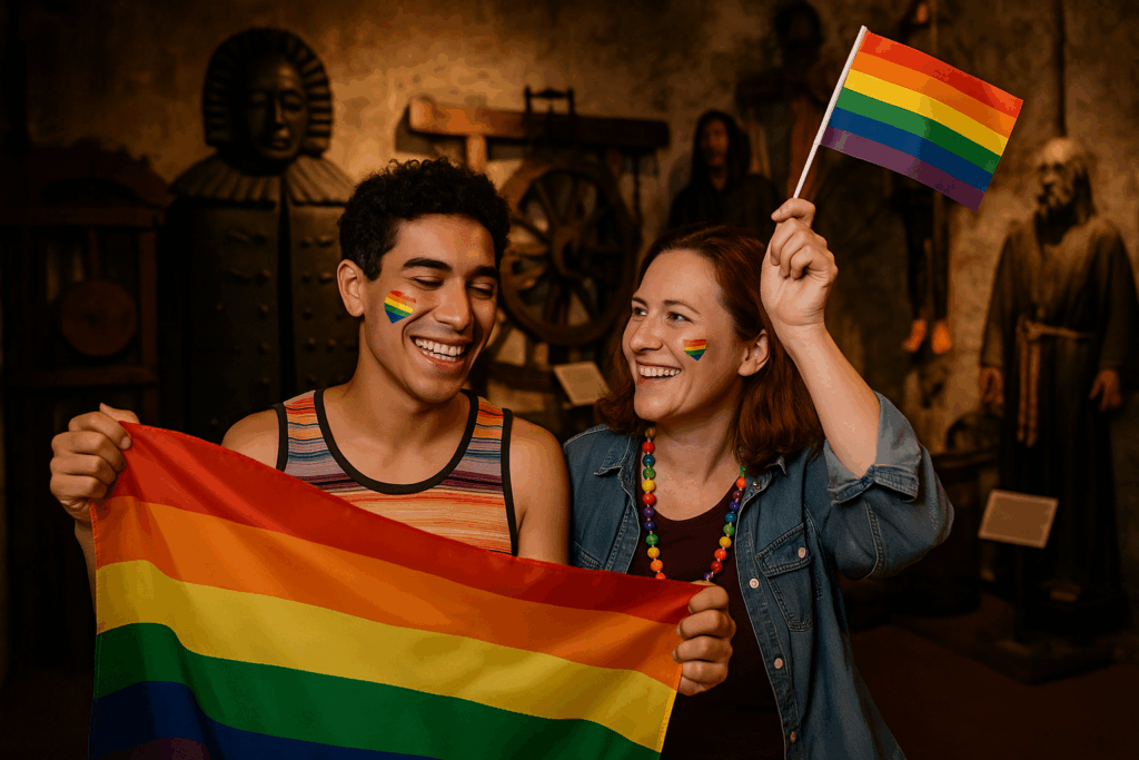 two joyful individuals celebrating Pride, holding and waving rainbow flags with smiles on their faces