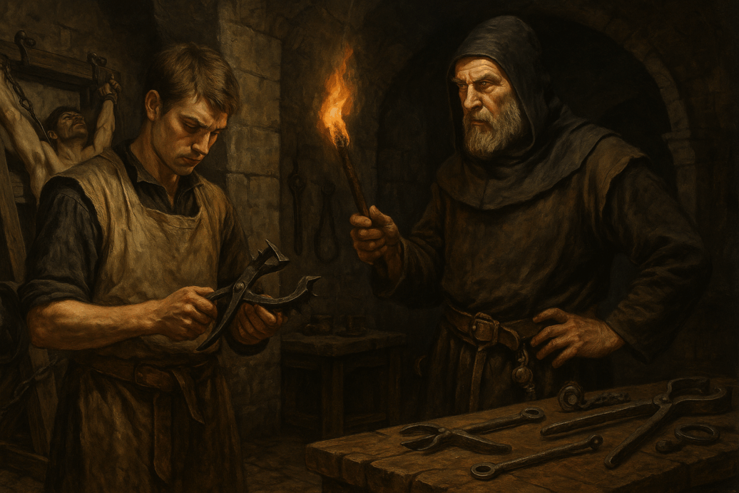 a medieval blacksmith scene, with a young apprentice examining a tool in his hands while an older, experienced blacksmith stands nearby, holding a torch.