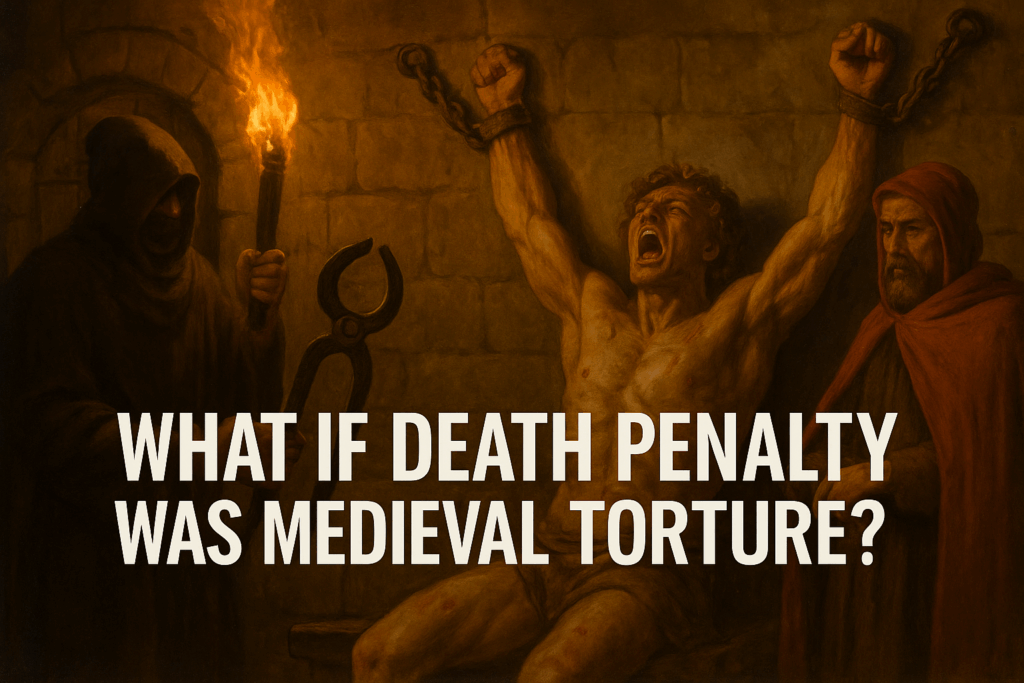 a dramatic medieval torture scene, with a man chained to a wall, visibly suffering