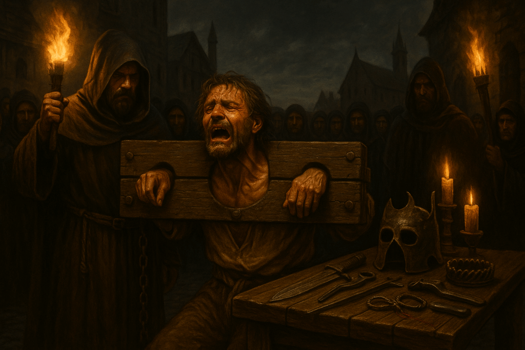 a grim medieval scene where a man is bound in stocks, with his hands trapped and his face expressing agony