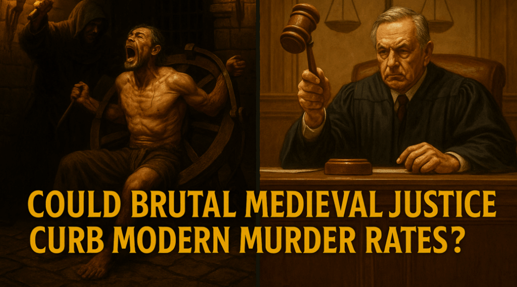 medieval torture with a modern courtroom scene, highlighting the evolution of justice over time