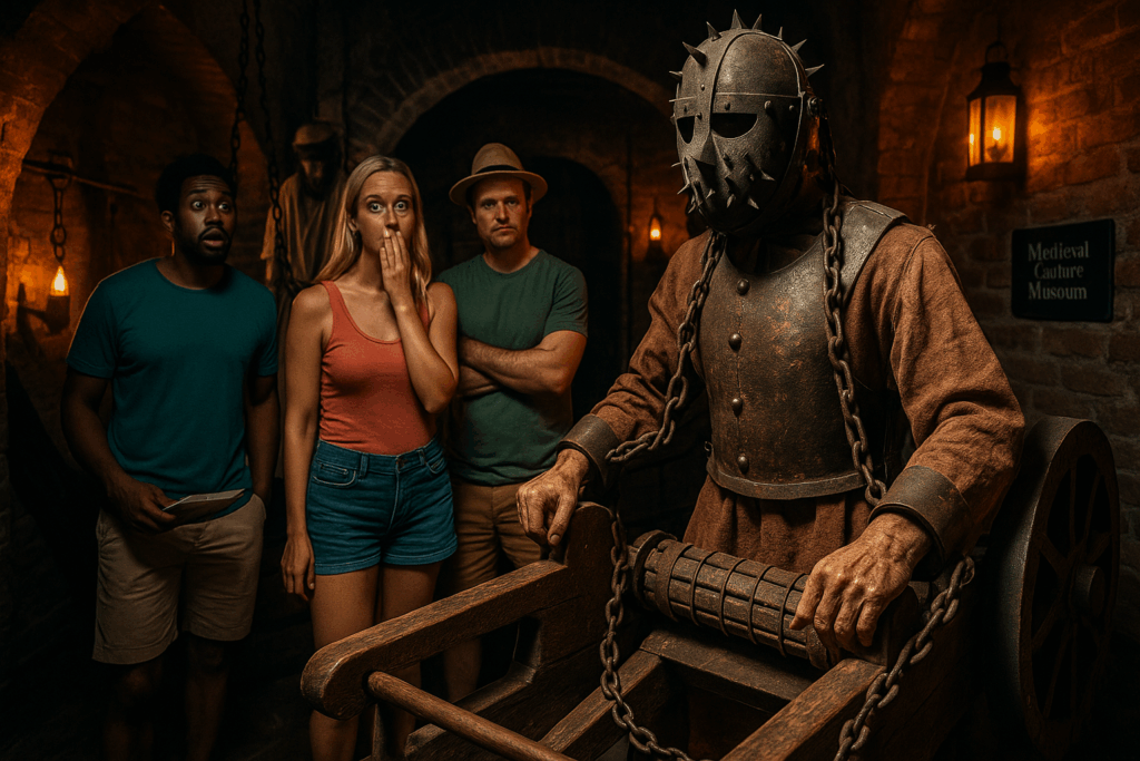 A group of startled tourists stands inside a dimly lit medieval dungeon exhibit, staring at a life-sized figure in a spiked torture helmet operating a rack