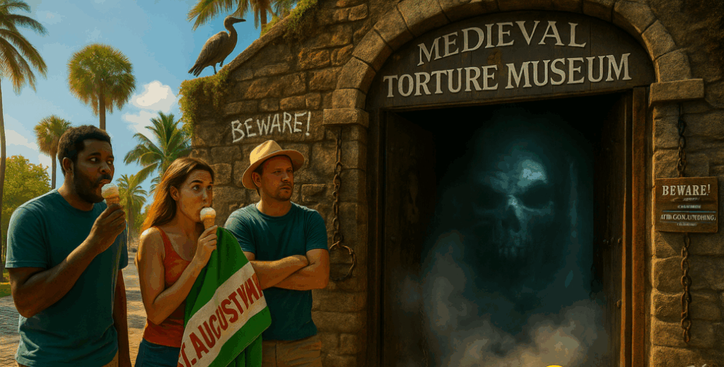 Four tourists stand at the entrance of a medieval dungeon exhibit, their faces showing awe and unease
