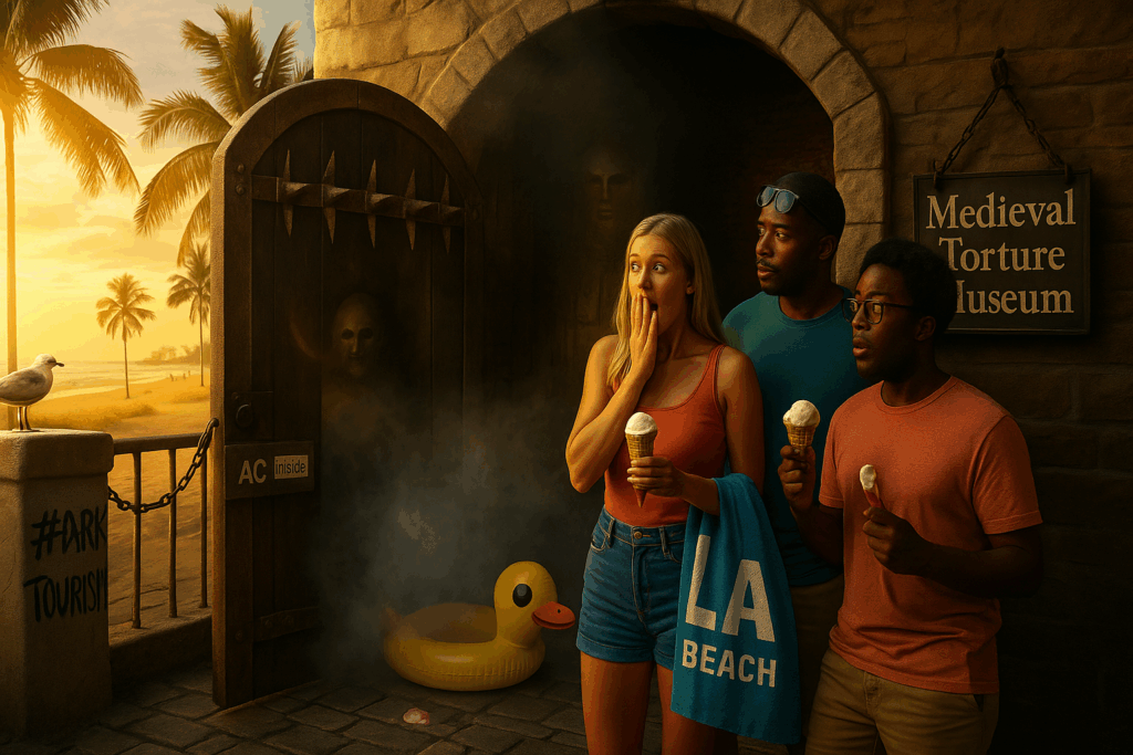 Three tourists stand outside the Medieval Torture Museum in LA, looking intrigued and slightly uneasy as they prepare to enter a dark, mysterious exhibit.