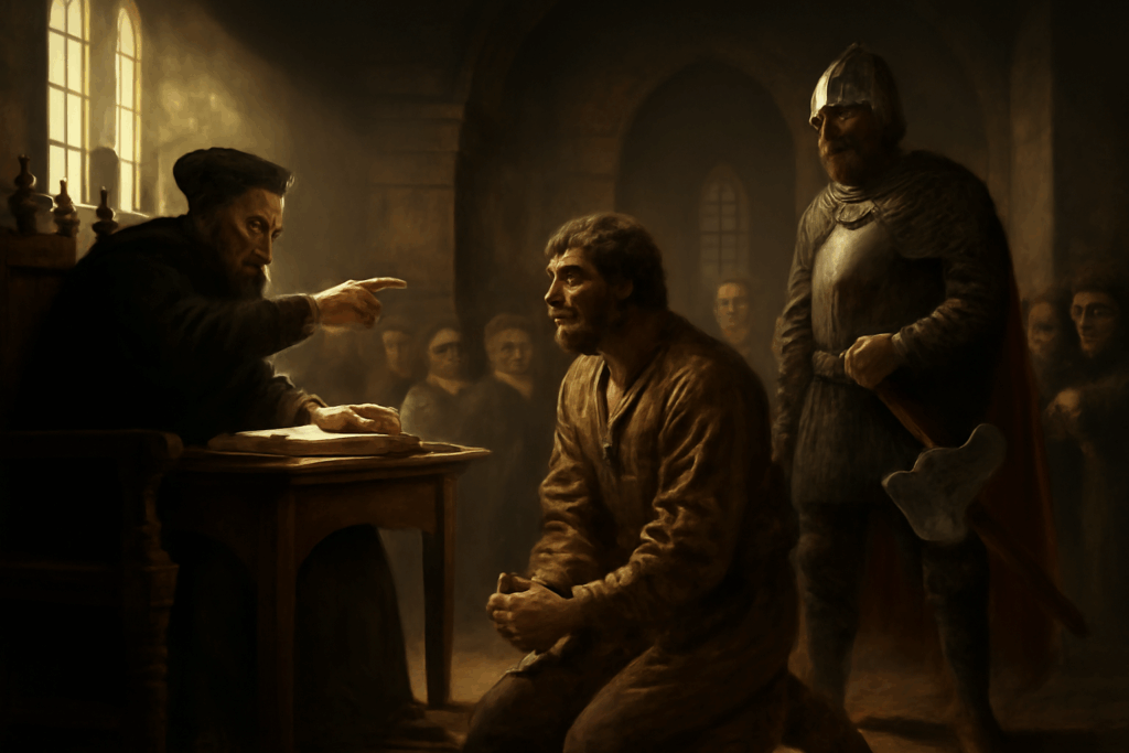 a medieval courtroom scene, with a judge pointing accusingly at a kneeling man