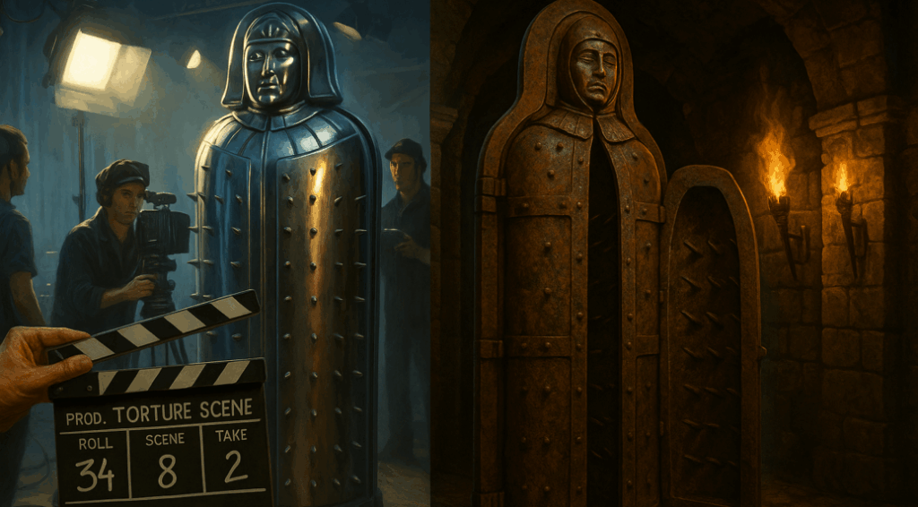 metallic torture device (possibly the Iron Maiden)